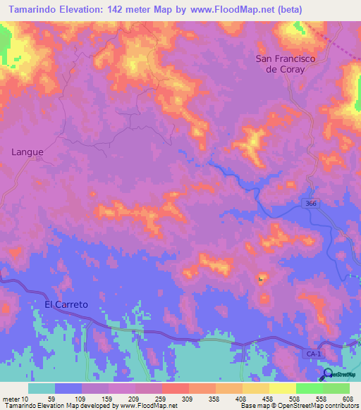 Tamarindo,Honduras Elevation Map