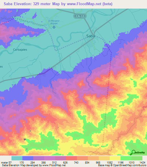 Saba,Honduras Elevation Map