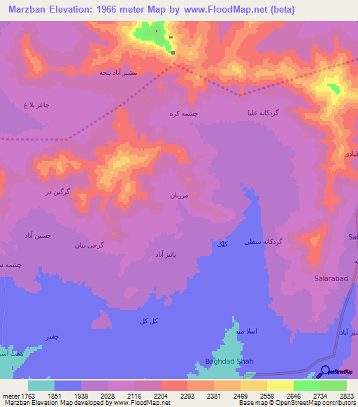 Marzban,Iran Elevation Map