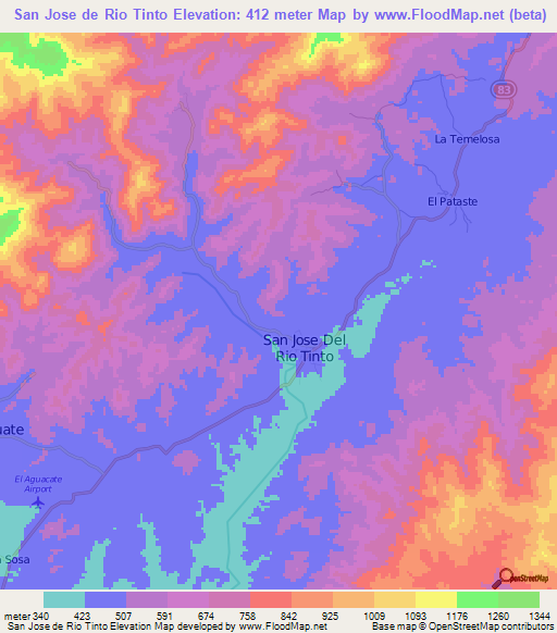 San Jose de Rio Tinto,Honduras Elevation Map