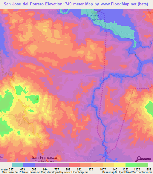 San Jose del Potrero,Honduras Elevation Map