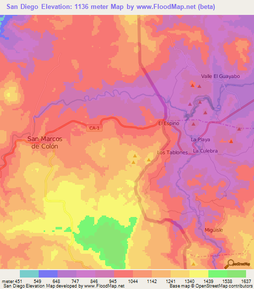 San Diego,Honduras Elevation Map