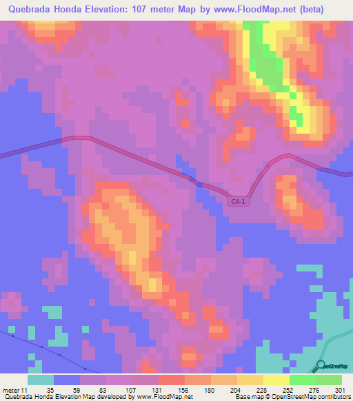 Quebrada Honda,Honduras Elevation Map