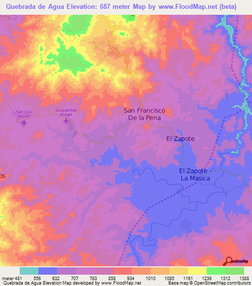 Quebrada de Agua,Honduras Elevation Map