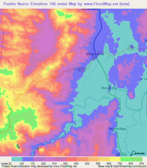 Pueblo Nuevo,Honduras Elevation Map