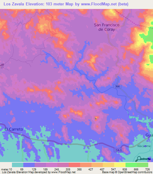 Los Zavala,Honduras Elevation Map