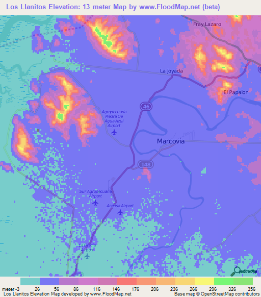 Los Llanitos,Honduras Elevation Map