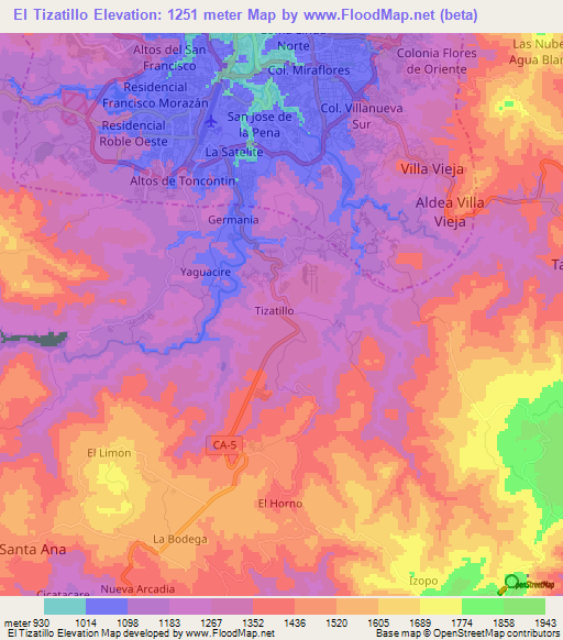 El Tizatillo,Honduras Elevation Map