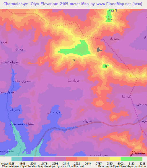 Charmaleh-ye `Olya,Iran Elevation Map