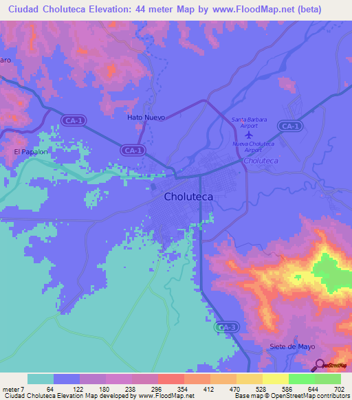 Ciudad Choluteca,Honduras Elevation Map