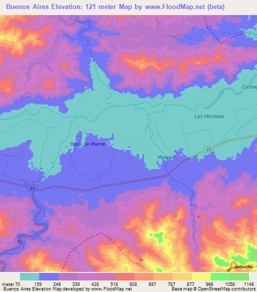 Buenos Aires,Honduras Elevation Map