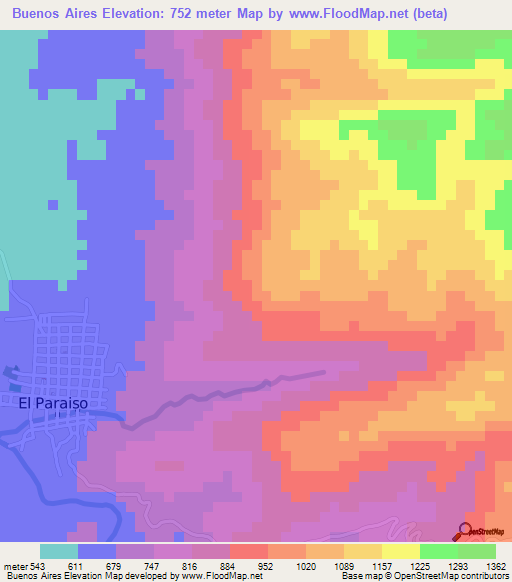 Buenos Aires,Honduras Elevation Map