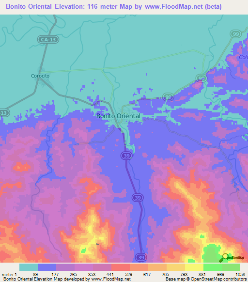 Bonito Oriental,Honduras Elevation Map