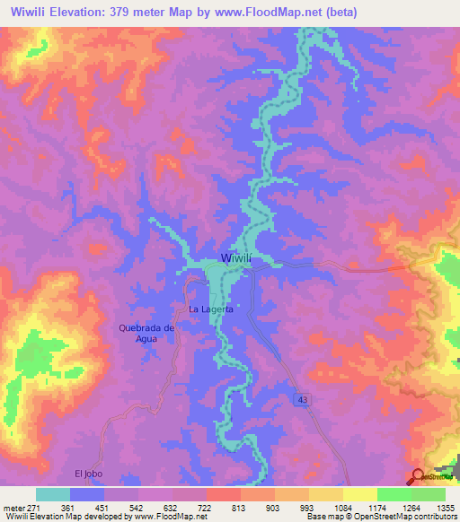 Wiwili,Nicaragua Elevation Map