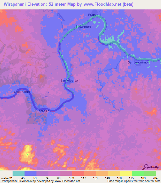 Wirapahani,Nicaragua Elevation Map