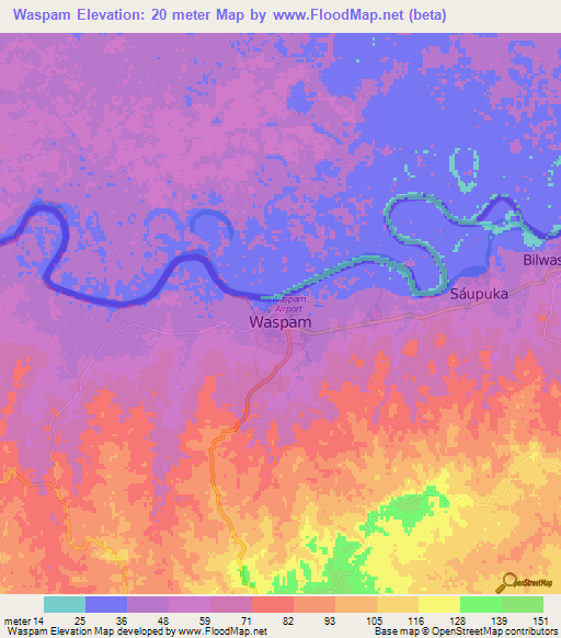Waspam,Nicaragua Elevation Map