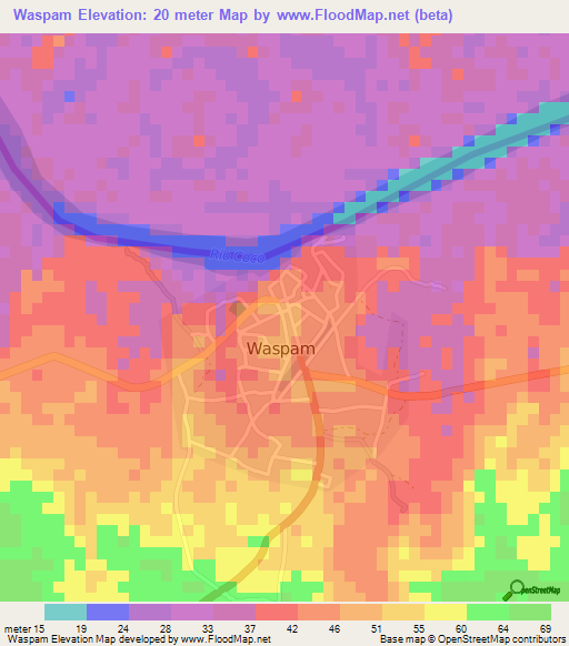 Waspam,Nicaragua Elevation Map