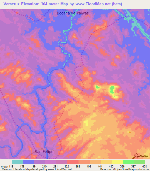 Veracruz,Nicaragua Elevation Map