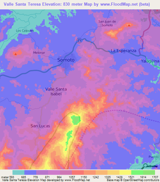Valle Santa Teresa,Nicaragua Elevation Map