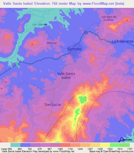 Valle Santa Isabel,Nicaragua Elevation Map