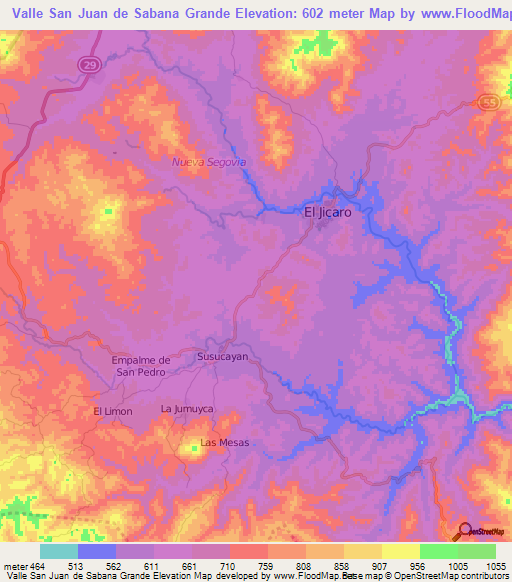 Valle San Juan de Sabana Grande,Nicaragua Elevation Map