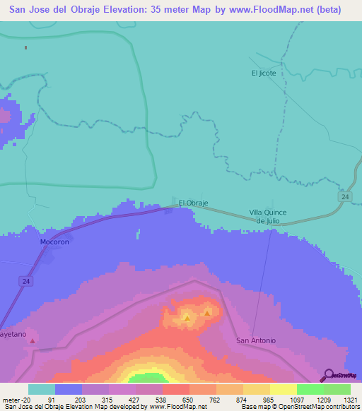San Jose del Obraje,Nicaragua Elevation Map