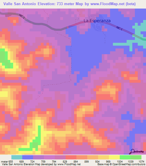 Valle San Antonio,Nicaragua Elevation Map