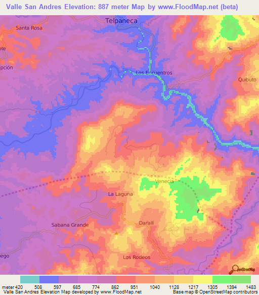 Valle San Andres,Nicaragua Elevation Map