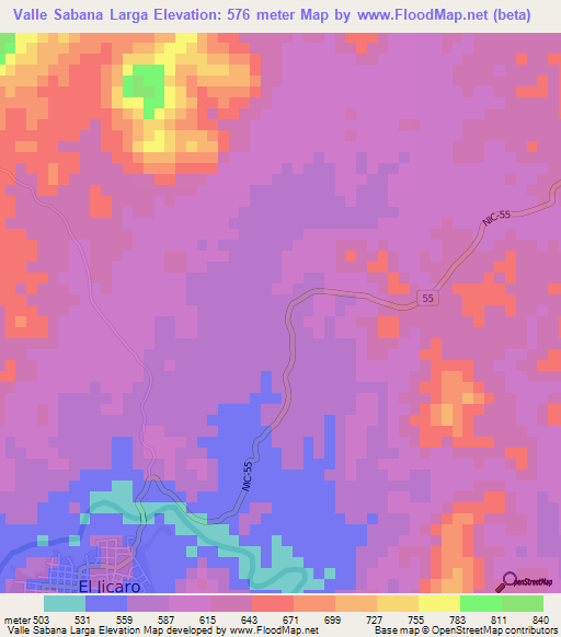 Valle Sabana Larga,Nicaragua Elevation Map