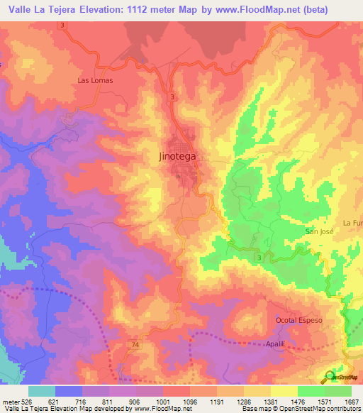 Valle La Tejera,Nicaragua Elevation Map