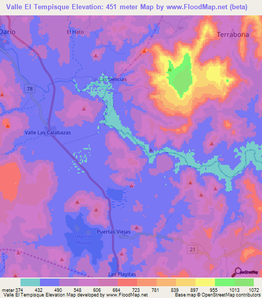Valle El Tempisque,Nicaragua Elevation Map