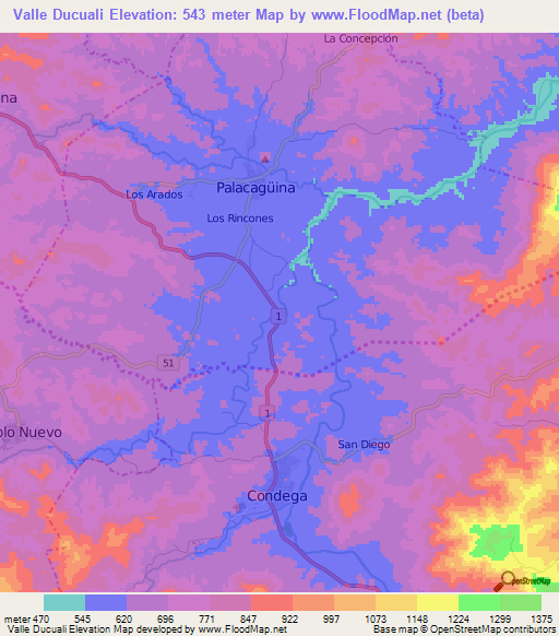 Valle Ducuali,Nicaragua Elevation Map