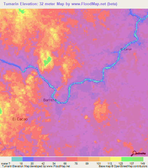 Tumarin,Nicaragua Elevation Map