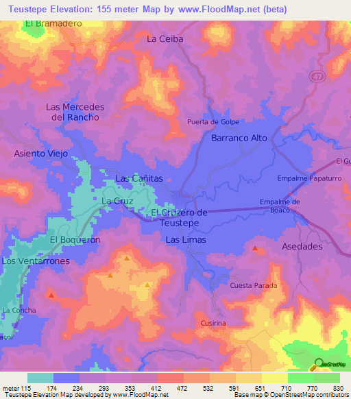 Teustepe,Nicaragua Elevation Map