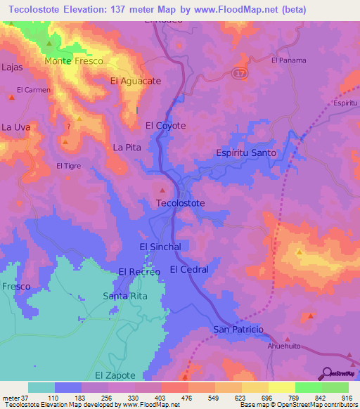 Tecolostote,Nicaragua Elevation Map