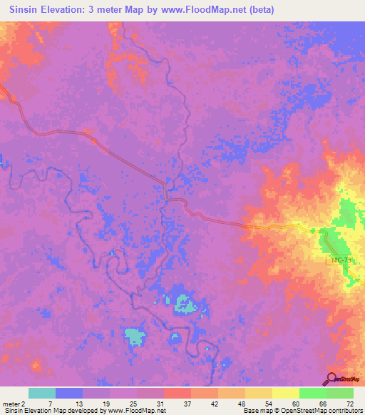 Sinsin,Nicaragua Elevation Map