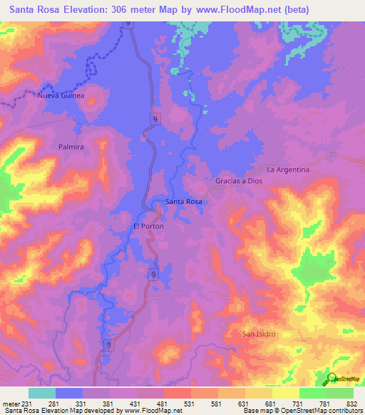 Santa Rosa,Nicaragua Elevation Map