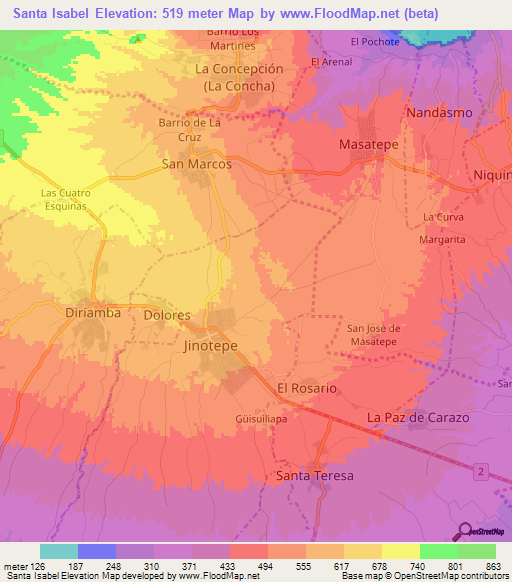 Santa Isabel,Nicaragua Elevation Map