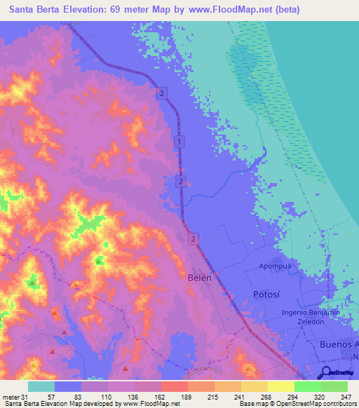 Santa Berta,Nicaragua Elevation Map