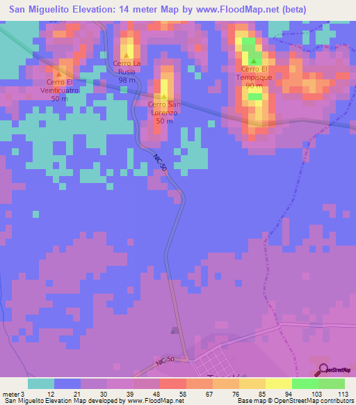 San Miguelito,Nicaragua Elevation Map