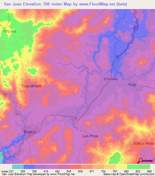 San Juan,Nicaragua Elevation Map