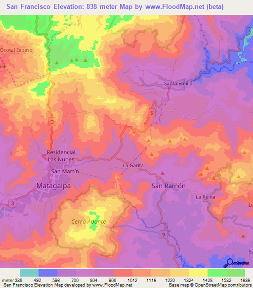 San Francisco,Nicaragua Elevation Map
