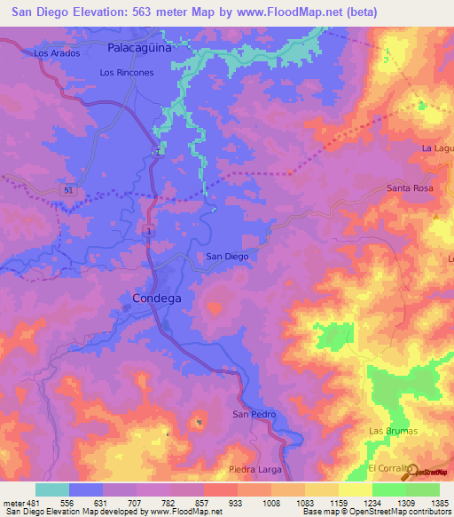 San Diego,Nicaragua Elevation Map