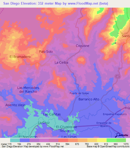 San Diego,Nicaragua Elevation Map
