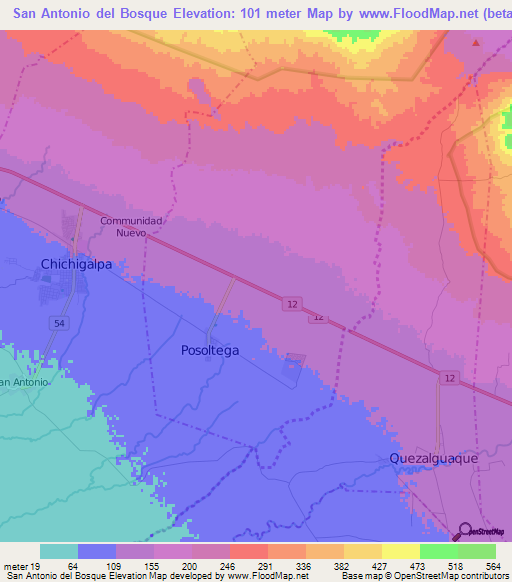 San Antonio del Bosque,Nicaragua Elevation Map