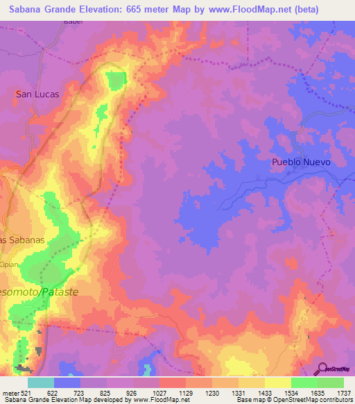 Sabana Grande,Nicaragua Elevation Map