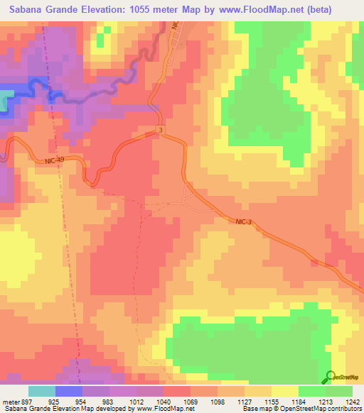 Sabana Grande,Nicaragua Elevation Map