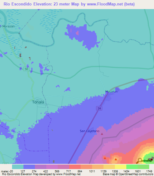 Rio Escondido,Nicaragua Elevation Map