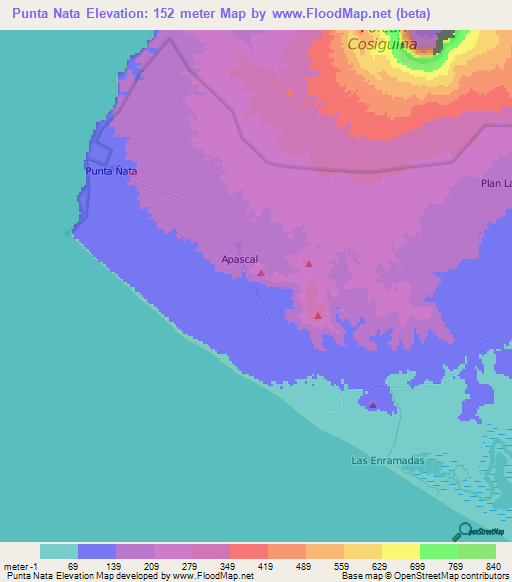 Punta Nata,Nicaragua Elevation Map