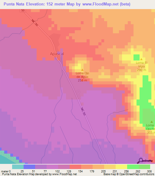 Punta Nata,Nicaragua Elevation Map